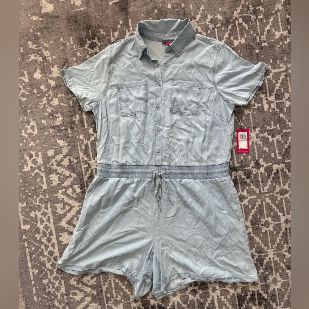 Vince Camuto 1X Denim Lyocell Jumper Romper Elastic Shorts Sleeves Button